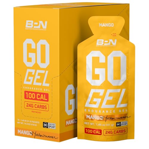 BARE PERFORMANCE NUTRITION, BPN Go Gel Endurance, 24g of Carbohydrates & 100 Calories per Pack, Vegan + Gluten Free Running Gel, 10 Single-Serving Packs, Mango