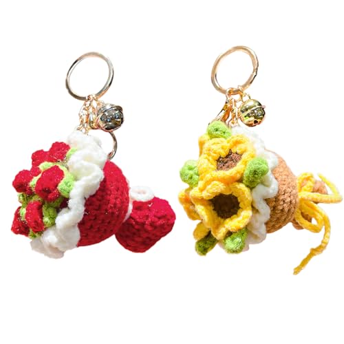 HUANGLWLIUF 2PCS Creative Roses/Sunflower Crochet Keychain Charms Crochet Flower Pendant for Car keys Bag Wallet Purse Women Girls (B)