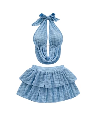 SOLY HUX Women's Summer 2 Piece Skirt Sets Deep V Neck Draped Halter Tops and Ruffle Layered Mini Skirt Vacation Outfits Plain Blue Small
