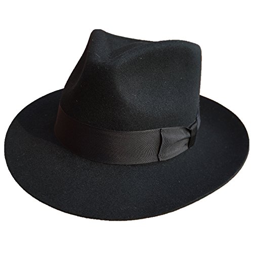 Classic Black Men's Wool Felt Godfather Gangster Mobster Gentleman Fedora Hat (XL= 61cm (7 5/8))