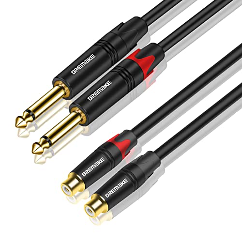 DREMAKE 2 x 6.35mm to 2 x RCA Audio Extension Cable 6FT, Dual 1/4 Inch(6.35mm) TS Male to Dual RCA Female Adapter Cord, 2 x TS 1/4'' to 2RCA Stereo Interconnect Cable for AV Receiver Amplifier - 2M