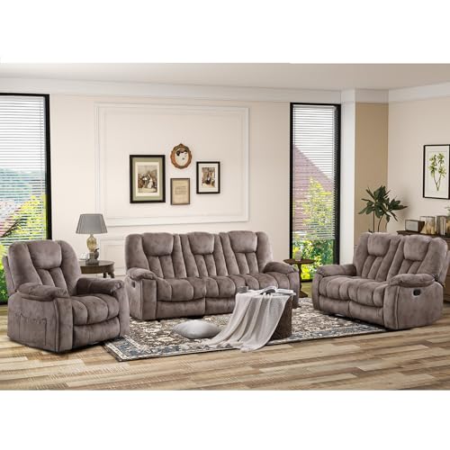 EBELLO 3 Pieces Recliner Sofa Furniture Set, Manual Recliner with Massage and Heat, Loveseat Recliner Chair and 3 Seat Reclining Couch Set for Living Room, Light Brown(Recliner+Loveseat+Sofa)