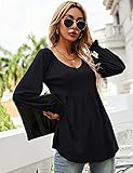 LOMON Black Cold Shoulder Tops for Women Puff Sleeved V Neck Pleated Tunic Tee Shirts, M