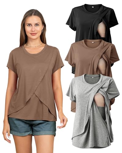 Rnxrbb 3 Pack Women's Nursing Tops for Breastfeeding Summer Short Sleeve T Shirts Postpartum Double Layer Clothes,Black&Light Gray&Brown L