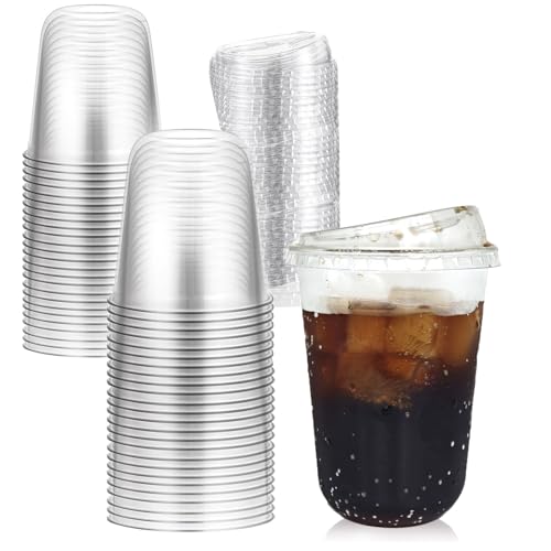 Thrseely 50 Sets Clear Plastic Coffee Cups with Sip Lids, Disposable PET Cups for Iced Coffee, Smoothie, Cold Beverage, Plastic Crystal for Shops and Party Catering (Clear, 16 oz)