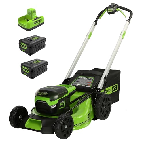 Greenworks 60V 21” Cordless (Self-Propelled) Lawn Mower (LED Lights + Aluminum Handles), 2 x 4.0Ah Batteries and Dual Port Rapid Charger