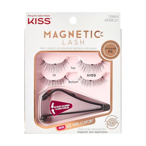 KISS Magnetic Lash 01, Synthetic False Eyelashes with Magnets Under and Over Your Upper Lashes, No Glue Needed, Lightweight, Reusable, Contact Lens Friendly, Cruelty Free, with Lash Applicator, 1 Pair