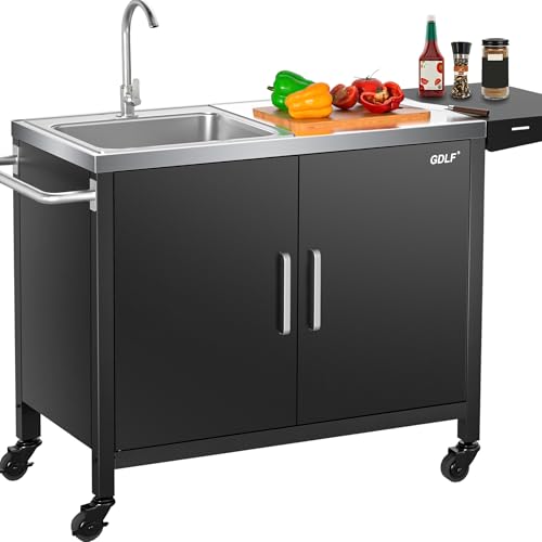 GDLF Outdoor Grill Table with Sink,Metal Grill Cart, Outdoor Kitchen Island with Stainless Steel Sink,L57*W21.65