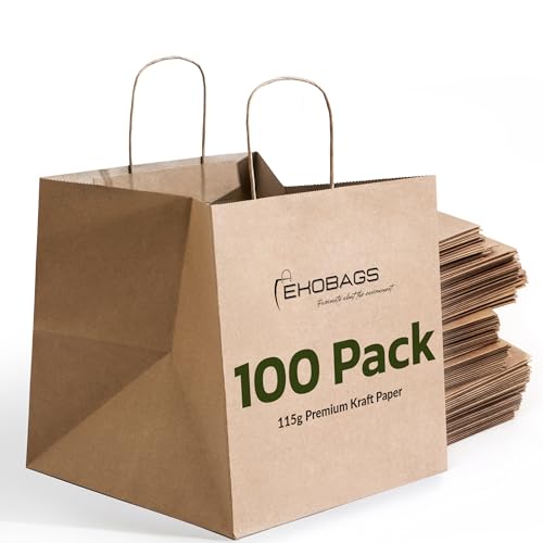 EKOBAGS Sienna Kraft Paper Gift Bags with Handles | Sturdy Brown Paper Bags Bulk for Retail, Shopping, Party Favors & Small Business | 100% Recyclable & Sustainable | 12x8x13 inches, 100-Pack