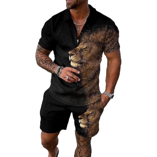 XL Black Mixed Gold Lion Mens Short Sets 2 Piece Outfits Fashion Summer Tracksuits Casual Set Polo Shirt Short Sleeve and Shorts Set