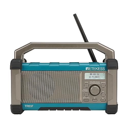Retekess TR637 Jobsite Radio, Work Radio with Bluetooth AM FM, Built-in Rechargeable Battery, 4 C Batteries or AC,IP54 Waterproof, Support USB, Preset Station, EQ