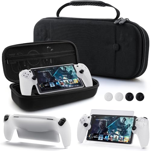 GLDRAM Carrying Case for PlayStation Portal Remote Player, Built-in Groove Handheld Travel Storage Bag for PS5 Portal Accessories with Clear-White Silicone Cover, Screen Protector & Thumb Caps