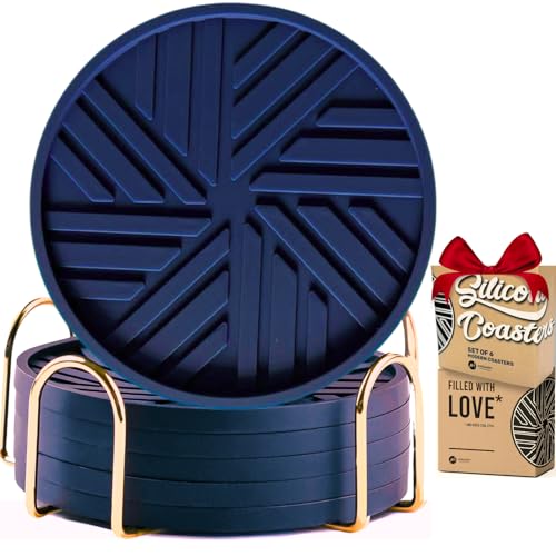 Angardy Homeware Coasters Set of 6 - Non-Slip Table Coasters for Drinks, Mugs, Glasses, Cups, Bottles - Round Pads with Stylish Groove Patterns & Gold Holder Stand - 4", 0.23" (Navy Blue)