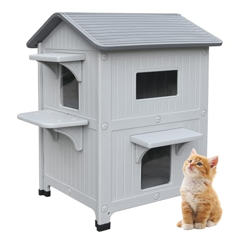 CSQOO Plastic 2 Story Outdoor Cat House with Escape Door, Waterproof Cat House for Feral Cats for Outdoor Indoor Use, Sturdy Cat Houses for Outdoor Cats, Clean & Assemble Easily(Grey)