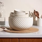 KooK Ceramic Mixing Bowls, Nesting Bowls, Set of 4, Embossed Kitchen Bowls, Prep, Serving, Gift, Microwave and Dishwasher Safe, 20/44/98/145 oz, Narbonne Collection (Ivory)