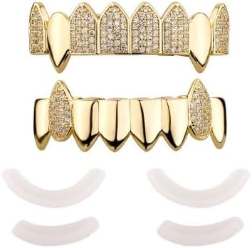 YOSZO 18K Gold Plated Vampire Fangs Teeth Caps Iced Out CZ Top and Bottom Vampire Fangs Grillz with Diamonds for men (Gold)