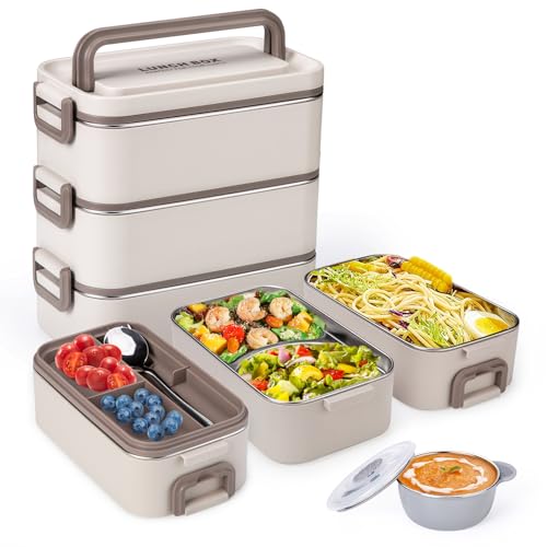 Reabulun Bento Box Adult Lunch Box, Stackable 3 Layer 304 Stainless Steel Lunch box for Adults Kids Office, 3L Large Capacity Portable Lunch Box Containers with Soup Bowl Spoon and Fork