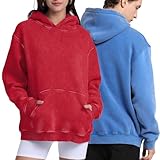 FAIABLE 2 Pack Acid Wash Hoodie Oversized Vintage Hoodie Unisex Heavyweight Hoodie Distress Hoodies Cotton Fleece Washed Hoodie for Men Women Couples Streetwear College Red Bright Blue