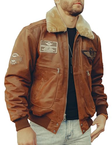 FLAVOR Men's Real Leather Bomber Jacket with Removable Fur Collar Aviator (Medium, Brown)