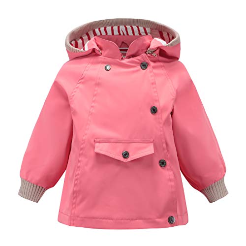 ACESTAR Kids Waterproof Hooded Rain Jacket, Windproof Cotton Lined Rain Coat for Boys Girls Toddler Windbreaker Spring Fall Raincoat(JK005P0,3T) Pink