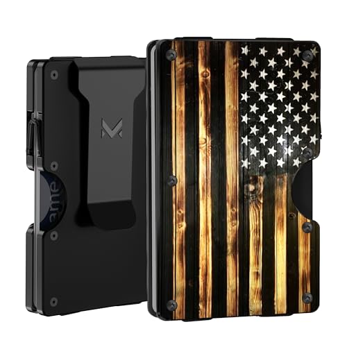 MIFANYO Minimalist Aluminum Wallet for Men, Slim RFID Blocking Money Clip, Front Pocket Metal Card Holder for Business Travel, Wood Grain American Flag, Personalized USA Gifts for Soldiers Veteran