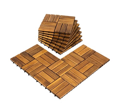 AN68 Pack of 10 Deck Tiles - 12"x12" Interlocking Natural Solid Acacia Wood for Outdoor & Indoor, Patio Garden, Balcony, Poolside - Natural Color
