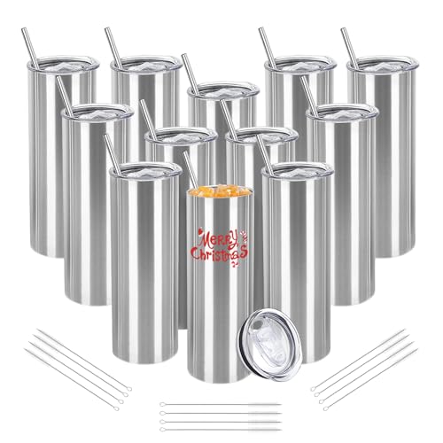 YOUKE OLA 12 Pack Stainless Steel Skinny Tumblers, 20oz Bulk Straight Double Wall Insulated Tumbler with Lid and Straw for Travel, DIY, Silver