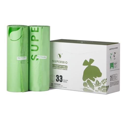 SUPERBIO 33 Gallon Compostable Yard Waste Bags, Lawn & Leaf Bags, 40 Count, ASTM D6400, BPI and OK compost INDUSTRIAL