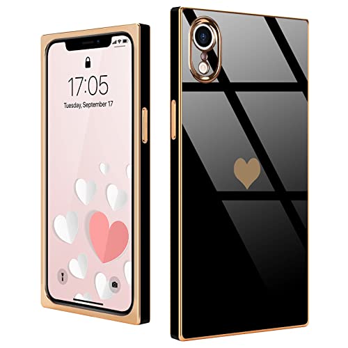 Urarssa Compatible with iPhone Xr Case Rectangle Cute Plating Gold Luxury Love Heart Phone Case for Women Girls Shockproof Raised Full Camera Lens Protection Bumper Cover for iPhone Xr, Black