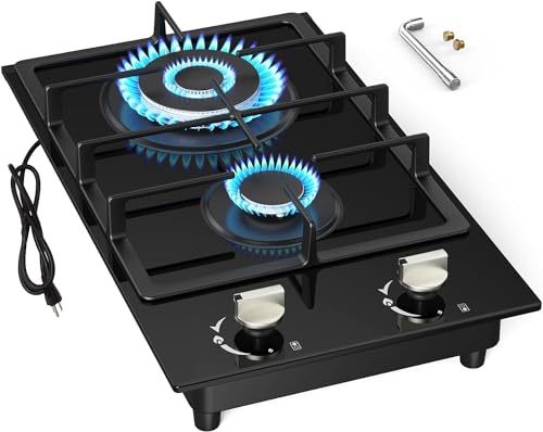 GIHETKUT 2 Burner Gas Cooktop, NG/LPG Dual Fuel Stove Top, Built-in Cooker With Thermocouple Protection, Tempered Glass Propane Cooktop, Electronic Ignition Hob for Outdoor, Camping, RV