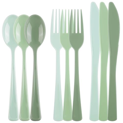 Kochorie 300 Pieces Sage Green Plastic Silverware Heavy Duty Plastic Cutlery Set Heavyweight Disposable Flatware Includes Spoons Forks Knifes for Birthday Party Prom Night Wedding Dinner