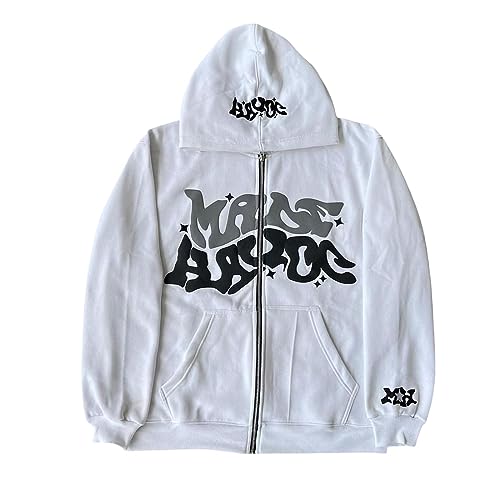 ZENMANCHEN Y2k Hoodies Puff Print Hoodie Grunge Graphic Zip Up Hoodies Y2k Jacket Hip Hop Streetwear Aesthetic Sweatshirts (US, Alpha, Large, Regular, Regular, 1-white)