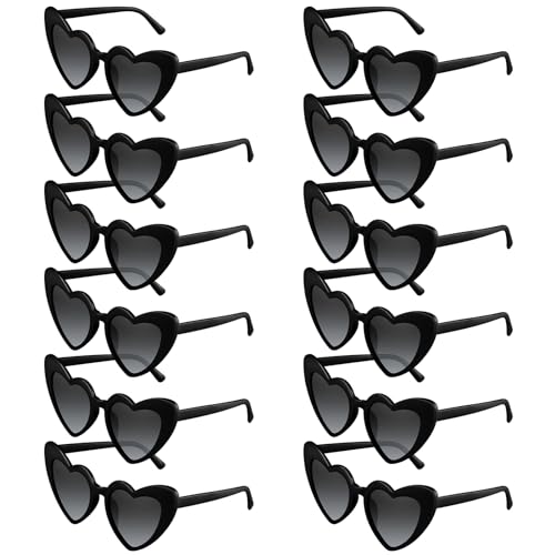 BOUBONI 12 Pack Black Heart Sunglasses Vintage Heart Shaped Glasses Bulk Bachelorette Sunglasses for Women Wedding Party Supplies Favor