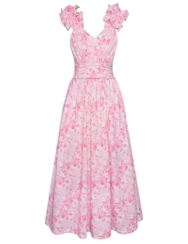 GRACE KARIN 2025 Women's Summer Floral Print Dress Sleeveless Casual Flowy Sundress A Line Ruffle Wedding Guest Outfit Pink Floral L