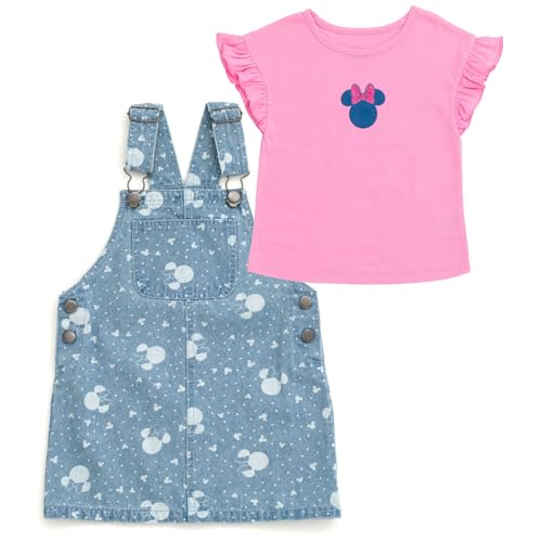 Disney Minnie Mouse Infant Baby Girls Vintage Wash Denim Overall Dress and T-Shirt Outfit Set Pink/Blue 18 Months