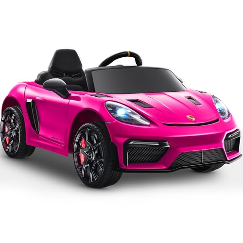 First Ride On Licensed Porsche 718 12V Ride on Toy for Toddler, Ride on Car for Kids with Remote Control, Child Electric Car w/Horn, Radio, USB, Spring Suspension, Opening Door, Led Light (Pink)