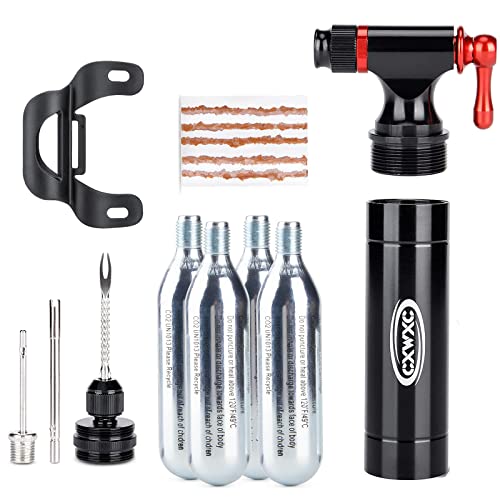 CXWXC CO2 Inflator with 4 x 16g CO2 Cartridges & Tubeless Tire Repair Kit - Presta/Schrader Valve Compatible - Bicycle Tire Pump for Road and Mountain Bikes