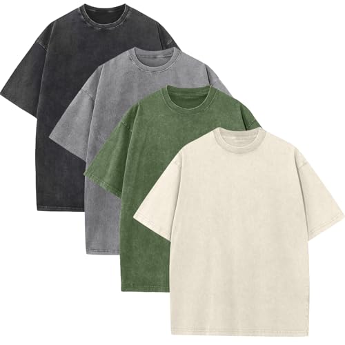 4 Pack Mens Oversized T Shirts Acid Wash T Shirt Loose Fit Vintage Washed Tee Shirt Short Sleeve Streetwear Casual T-Shirts(BKGYBGAG,l)