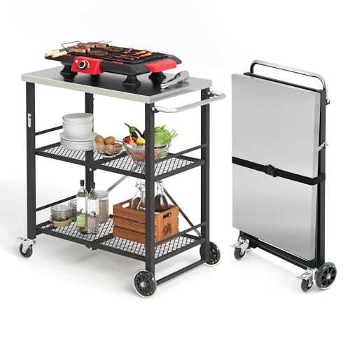LUE BONA Foldable Outdoor Grill Cart with 2 Total Lock Casters, Stainless Steel Pizza Oven Stand, Rolling BBQ Table and 3 Shelf Folding Kitchen Island, Black