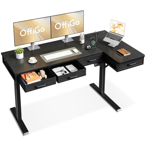 OffiGo 63 Inch L Shaped Electric Standing Desk with Drawers, Height Adjustable Large Desk with Power Outlets, Sit Stand Table, Writing Computer Desk for Home, Office, Workstation, Black