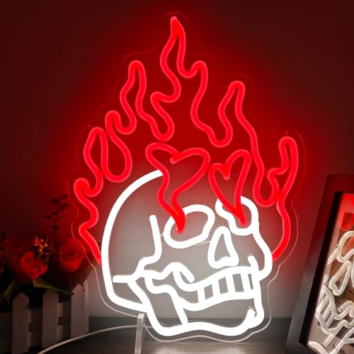 Skull Neon Signs for Bedroom Dimmable Neon Halloween Sign Skull Fire Neon Signs Skeleton Head Wall Decor Skull Led Neon Light Sign for Man Cave Beer Bar Club Game Room Halloween Party Decor Gifts