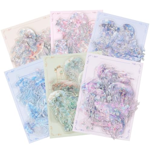 Heliltd 120Pcs Holographic Jellyfish Deco Stickers - Glitter Ocean Life Transparent Stickers for Junk Journal & Water Bottle