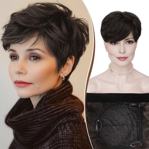 RUWISS Short Hair Toppers for Women Real Human Hair, 5x5.5 Base Pixie Cut with Bangs, Clip-In Curly Hair Pieces for Women with Thinning Hair, Brown Black