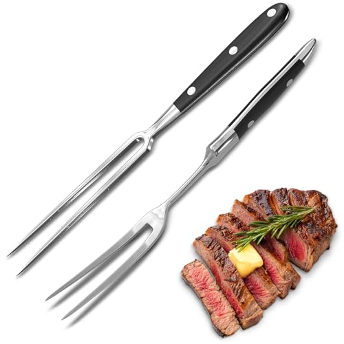 2 Pcs Carving Fork for Meat 12 inch - Stainless Steel Meat Fork with Heat-Resistant Handle for Grilling, Cooking, Serving - Straight and Curved Carving Utensils with Classic Two-Prong BBQ Design