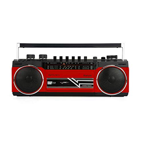 Riptunes Cassette Boombox, Retro Blueooth Boombox, Cassette Player and Recorder, AM/FM/SW-1-SW2 Radio-4-Band Radio, USB, and SD, RED