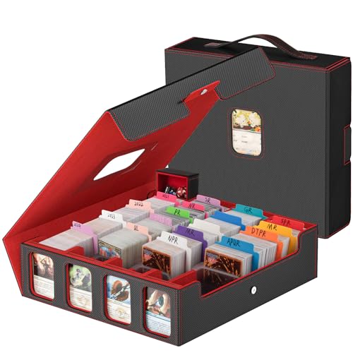 Gomyrod Card Storage Box 3200+ MTG Deck Box with 30 Colorful Divider, Commander Trading Card Cases with Portable Handle & Viewing Windows Fits for MTG/TCG/Magic Cards (Black & Red)