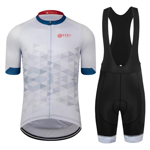 GCRFL Men's Cycling Jersey Set Road Bike Shorts Sleeves Jersey Zipper Pokcet Bib Shorts with Padded, Cycling Clothing kit Men (White, M)