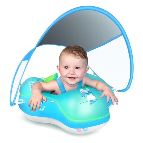 LAYCOL Baby Swimming Float Inflatable Baby Pool Float Ring with Sun Protection Canopy,add Tail no flip Over for Age of 3-36 Months (Blue, XL)