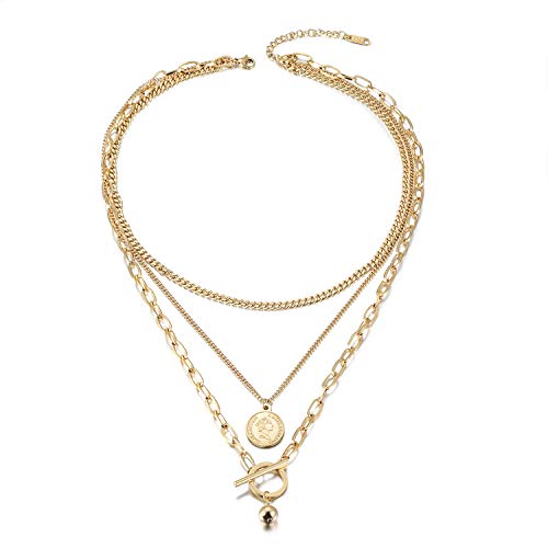 Jinbaoying Gold Coin Necklace for Women Vintage Carved Coin Pendant Necklace 14K Gold Plated Chain Choker Queen Elizabeth Round Pendant Gold Layered Necklace for Women