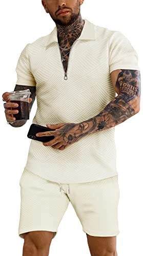 URRU Men's Polo Shirt and Shorts Set Summer Outfits Fashion Casual Short Sleeve Polo Suit for Men 2 Piece Short Set Beige S
